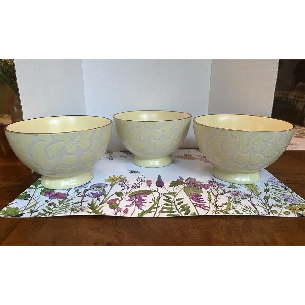 3 Abbey Hill Flower Wax Taupe Pedestal Bowls Pastel Yellow Floral RN 42000 MCM